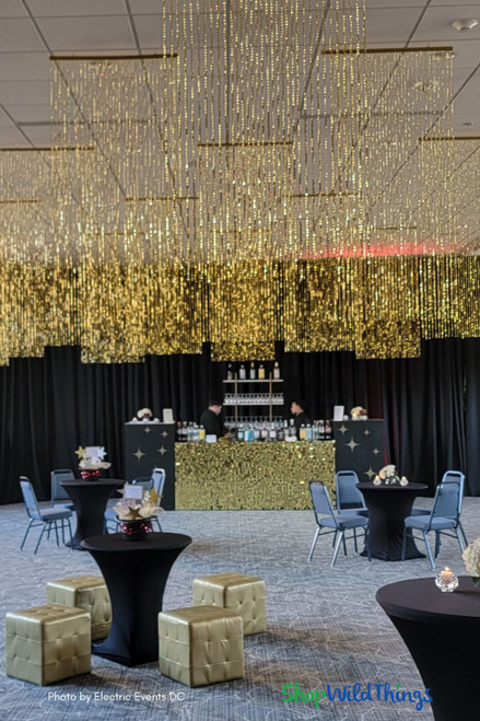Create Eye Catching DJ Party Set Ups and Photo Walls with Sequin Shimmer Wall Panels by ShopWildThings.com - Black and Gold Photo Booth Backdrop