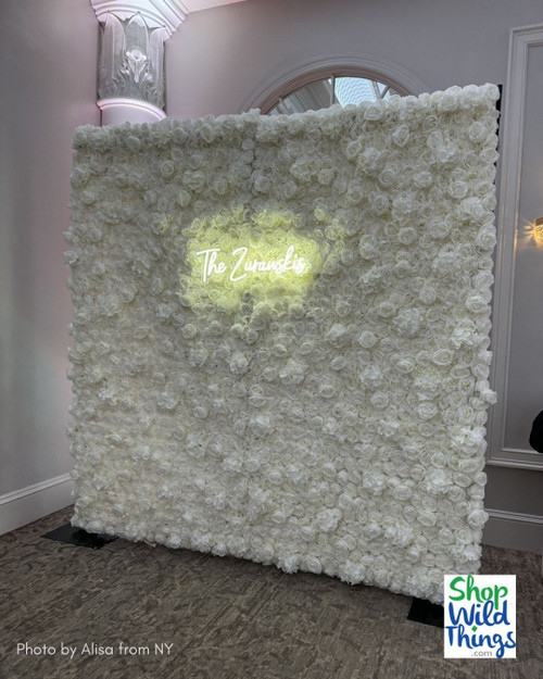 Easy Up Super Premium Rose Flower Wall Panels by ShopWildThings.com are the ultimate time-saver for event planners. Create a stunning backdrop in minutes with these easy-to-hang panels. Plus, we offer custom designs for a truly one-of-a-kind look!

White Rose Flower Wall Backdrop for Wedding Photobooth Selfie Station Decor