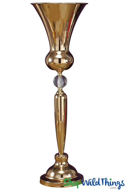 Gold Metal Trumpet Vase & Floral Riser with Crystal Ball 30" High | ShopWildThings
