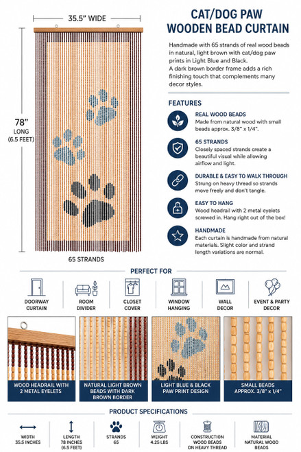 Cat Dog Paw Prints Wooden Beaded Curtain ShopWildThings.com Door Beads