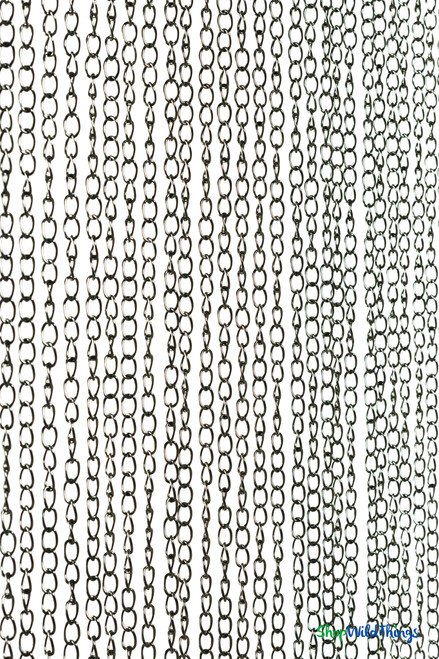 Shiny Gunmetal Silver/Green Aluminum Chain Curtain – Full Front View (35.5" x 78")