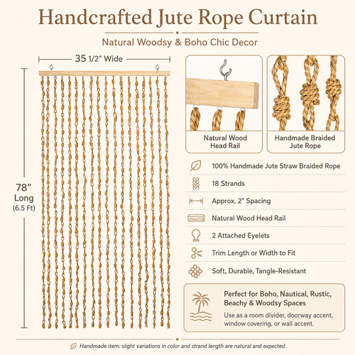 Handcrafted Jute Rope Curtain with 18 knotted natural jute strands and light wood headrail, 35.5" wide x 78" long – ShopWildThings.com