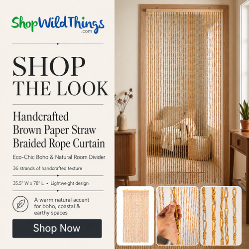 Brown Natural Straw Paper Hand-Tied Doorway Window Curtain - Strands of Natural Loops ShopWildThings.com