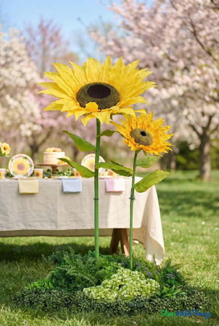 Oversized artificial silk sunflowers 44 inch and 38 inch tall displayed outdoors at a spring garden party, giant yellow event décor flowers styled beside a picnic table by ShopWildThings.