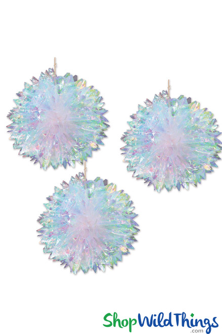 Set of 3 Iridescent Colorful Clear Foil Iridescent Fluff Balls - ShopWildThings.com