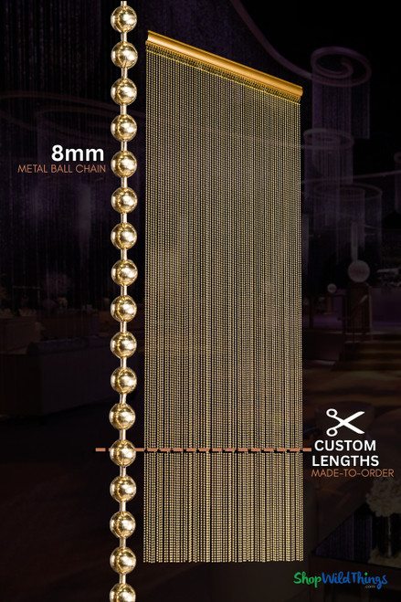 Brass metal ball chain curtain with 8mm balls and double-density 68-strand construction, custom-made in Arizona by ShopWildThings.com