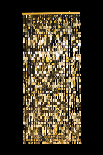 Fabulous Gold Metallic Squares PVC Beaded Curtain Backdrop shown hanging straight, featuring 25 strands of reflective gold PVC square links attached with silver jump rings on a gold headrail.