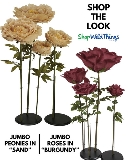 Create a Floral Fantasy with Jumbo Flowers by ShopWildThings.com! This stunning photo op showcases the beauty of our Jumbo Roses and Peonies in "Sand" and "Burgundy." With over 5 sizes and 10 colors available, you can customize your floral backdrop to match any theme or style. Shop now and let your creativity bloom!

Photo Op with Moody Creams, Burgundy and Greenery with Giant Flowers and Swing – Fall Photo Backdrop with Florals
