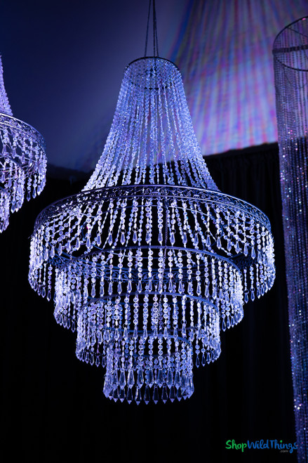 Belvedere diamond crystal beaded chandelier suspended from chain, featuring layered tiers and antique silver ornate trim for wedding décor