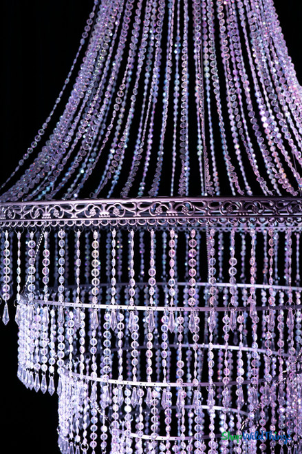 Belvedere diamond crystal beaded chandelier suspended from chain, featuring layered tiers and antique silver ornate trim for wedding décor