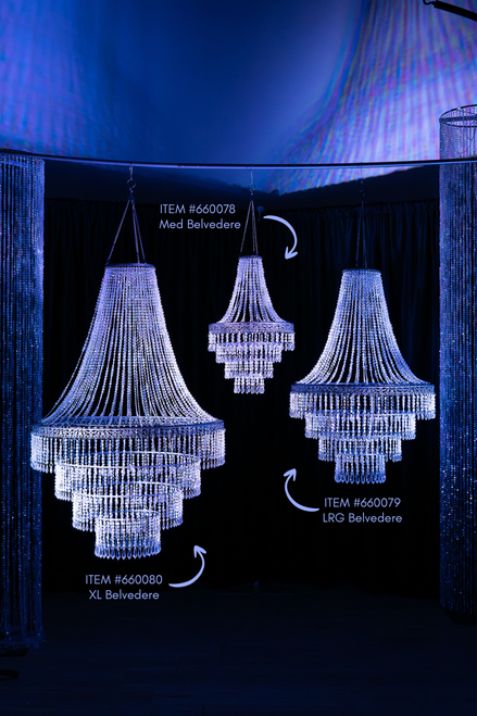 Three sizes of Belvedere diamond crystal iridescent beaded chandeliers hanging together, showcasing empire style tiered event décor lighting