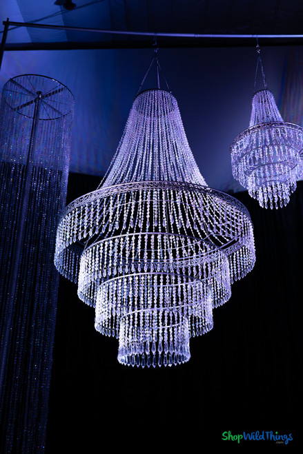 Belvedere empire style chandelier showing multi-tier circular frame with hanging diamond crystal bead strands and faceted teardrop pendants