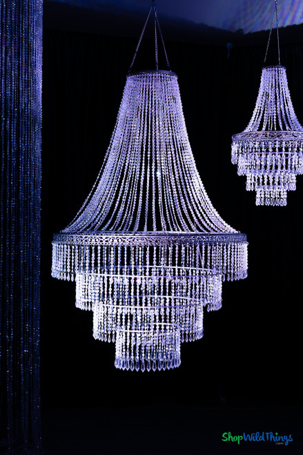 Belvedere empire style chandelier showing multi-tier circular frame with hanging diamond crystal bead strands and faceted teardrop pendants