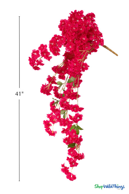 41" Fuchsia Pink Cascading "Spring Blossom" Spray – Extra-Full Silk Floral Waterfall from ShopWildThings.com displayed on a white background with a 41-inch size guide, showing the full cascading shape, vivid fuchsia pink silk blossoms, bendable brown stems, and green leaves.