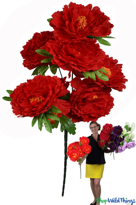 Large Silk 7 Head Red Peony Bouquet Spray 30" Tall, ShopWildThings.com