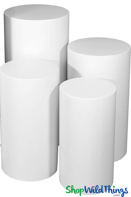 White Metal Cylinder Display Stands, Set of 4 Round Plinth Pedestal Risers ShopWildThings Event Decorations Floral Stands