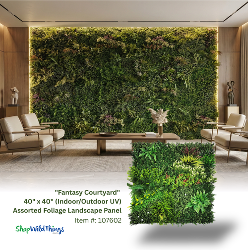 Create a Lasting Impression with Greenery Wall Panels by ShopWildThings.com! These eye-catching panels are sure to make a statement. Our large 40"x40" panels are indoor/outdoor friendly and we have many fire-rated options, making them perfect for commercial use. This look was created with “Fantasy Courtyard” panels.