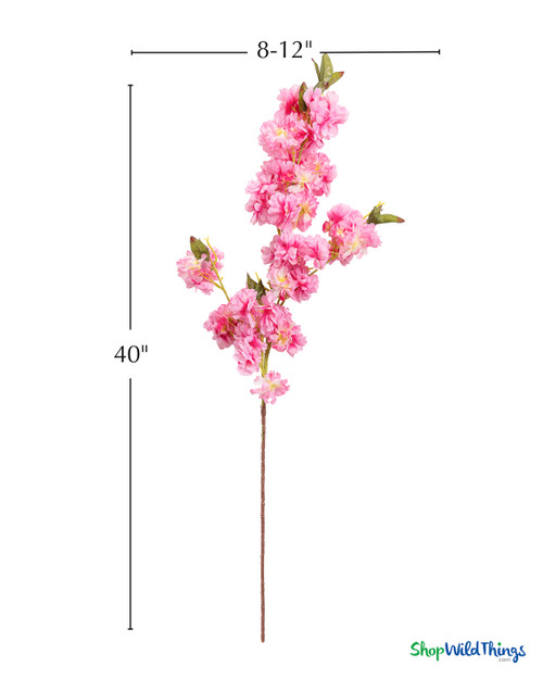 Artificial fuchsia pink triple cherry blossom spray measurement graphic showing 40 inch long stem and 8 to 12 inch wide floral spread by ShopWildThings.com