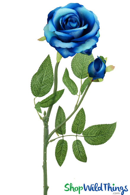Blue-Light Blue Artificial Velvet Long Stem 2 Head Rose Spray Flower