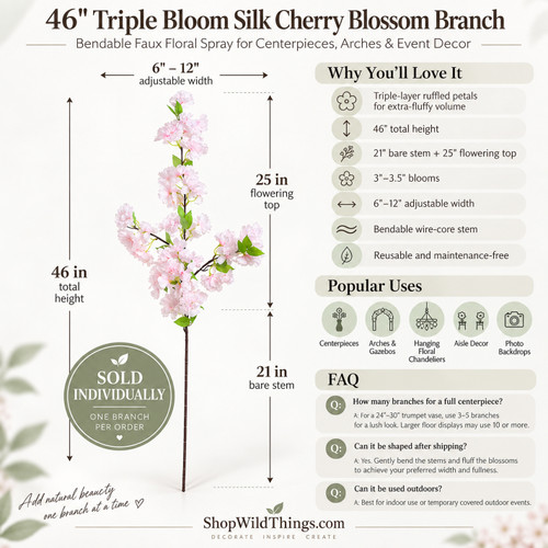 Light Pink Artificial Cherry Blossom Sprays, Wedding Florals ShopWildThings.com