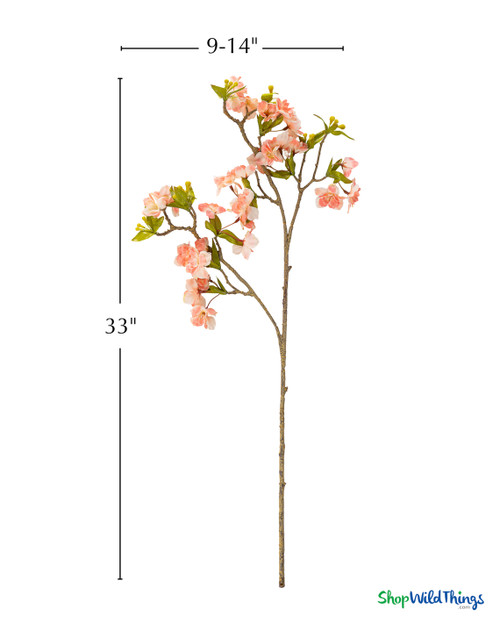 ShopWildThings artificial pink cherry blossom branch 33 inch height with 9 to 14 inch spread product size diagram