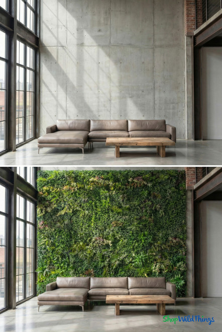 Before and after transformation “Vibrant Medley” Greenery Wall Panels from ShopWildThings.com bring a high-end, lush look to restaurants, hotels, and retail spaces. Fire-rated and indoor/outdoor safe.