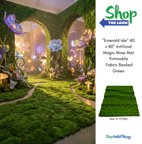 Emerald Isle 40 x 80 inch artificial magic moss mat, fabric backed green moss flooring for themed events, fantasy installations, and venue decor by ShopWildThings
