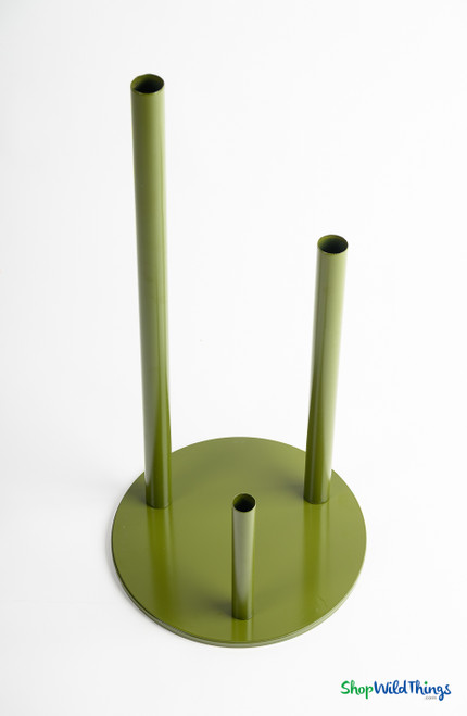 Heavy-duty olive green metal base with removable poles for oversized silk roses, ShopWildThings floral display holder.