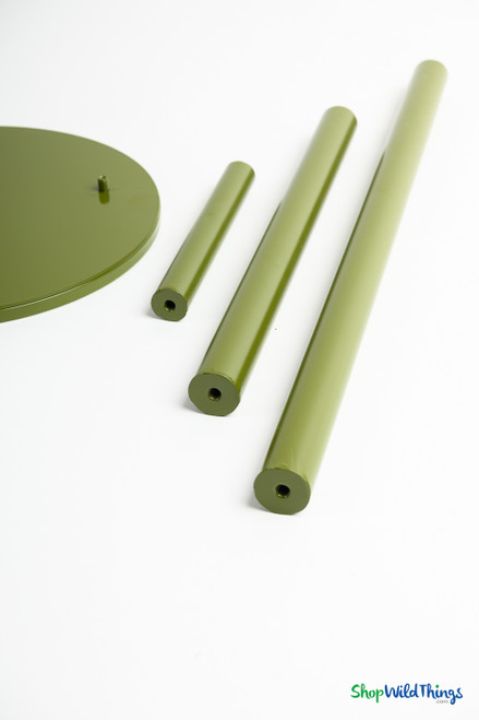 Heavy-duty olive green metal base with removable poles for oversized silk roses, ShopWildThings floral display holder.