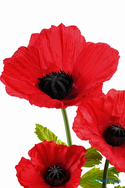 Close-up of ShopWildThings.com Oversized Large Silk Poppy Bloom showing bold red petals, realistic black center, and natural-looking green foliage.