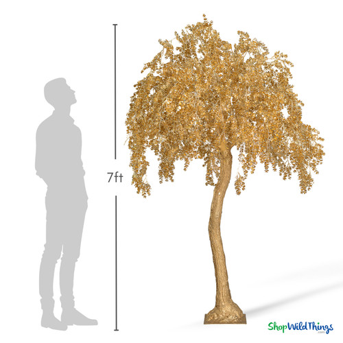 7 foot tall gold artificial weeping tree event decor with metallic leaves, professional luxury wedding and casino lobby centerpiece by ShopWildThings