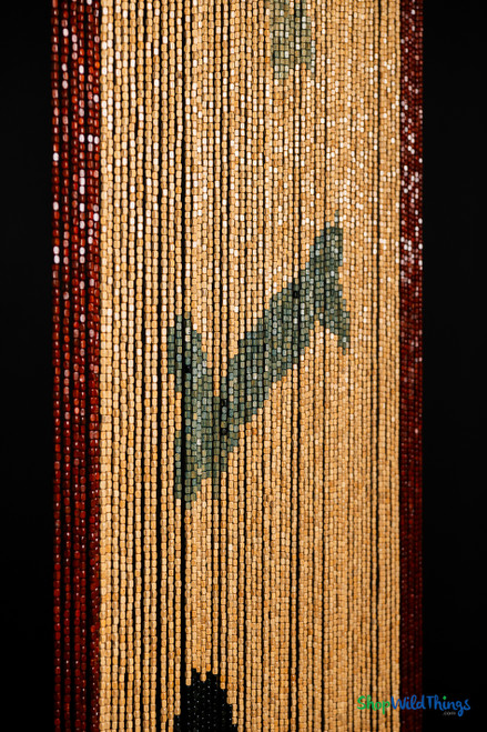 Side view of wooden bead curtain with dog bone pattern in earthy tones, showing handcrafted bead detail and natural variations.