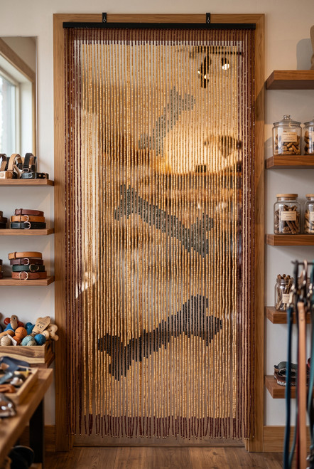Dog bone wooden bead curtain, 35.5 inches wide by 6.5 feet long, featuring 65 strands of natural wood beads framed in dark brown border.