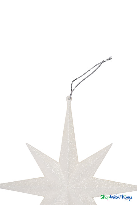 Close Up of White Glitter 12 Inch Star Ornament with Silver Hanging Loop – Lightweight 8 Point Star Decoration for Holiday Trees and Events