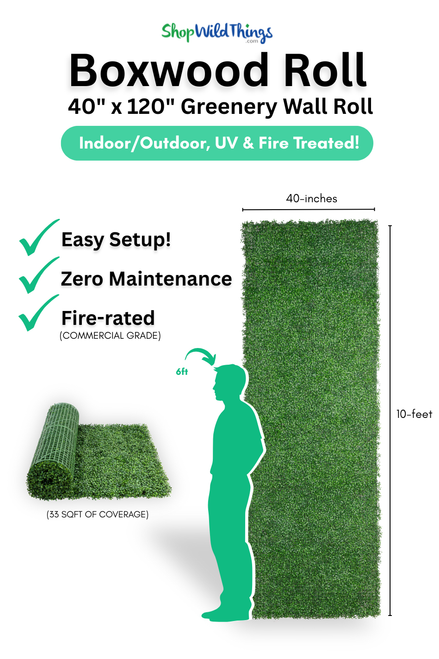ShopWildThings Boxwood Roll 40 x 120 inch commercial-grade greenery wall roll with easy setup, zero maintenance, and fire-rated UV-treated foliage. Indoor and outdoor artificial boxwood mat providing 33 square feet of coverage. Illustrated size comparison shows 10-foot-tall panel and 6-foot person for scale.