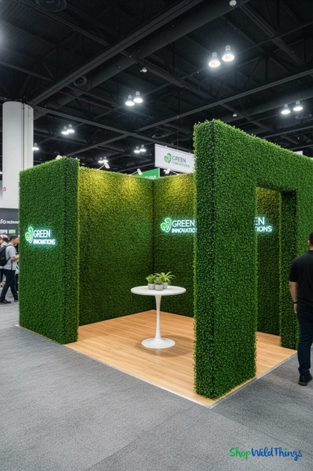 ShopWildThings Boxwood Roll 40 x 120 inch commercial-grade greenery wall roll with easy setup, zero maintenance, and fire-rated UV-treated foliage. Indoor and outdoor artificial boxwood mat providing 33 square feet of coverage. Illustrated size comparison shows 10-foot-tall panel and 6-foot person for scale.