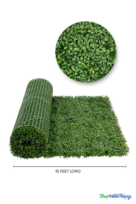 ShopWildThings 10-Foot Artificial Boxwood Roll – UV-Protected Greenery Mat with Circular Close-Up of Leaf Texture and Realistic Coverage