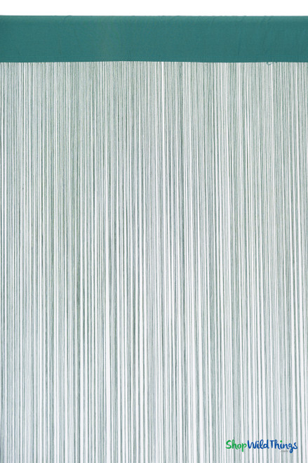 Blue Green Nassau string curtain hung on a rod with gathered rod pocket, showing adjustable fullness and flowing teal blue-green strands – ShopWildThings.