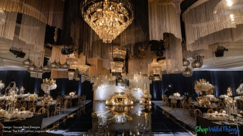 String Curtains are super popular with designers in 2024! Completely customizable to any color or length you need and can also be created as matching String Columns and Chandeliers, plus it’s possible to get them Fire Rated as well. The team at ShopWildThings.com has many styles in stock and ready to ship from Arizona but can also fabricate incredible designs just for you!

Gold, Champagne, Black
2024 Wedding Decor Trends – ShopWildThings.com – Since 1989

Custom String Fringe Curtain Ceiling Installation – Glam Wedding Ideas