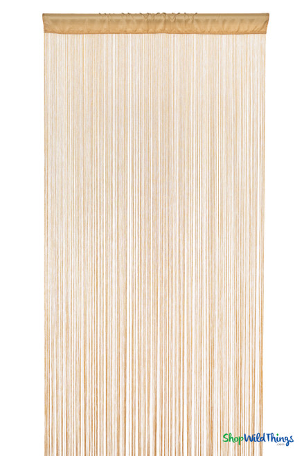 Golden Blonde Fire Rated String Curtain, 3 feet wide by 7 feet long, shown hanging straight with silky high-density strands on a white background.