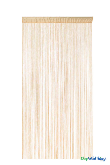 Full front view of ShopWildThings Fire-Rated 7-Foot Golden Blonde String Curtain with silky fringe strands and red cotton rod pocket, featuring a 7-foot-long banner icon.