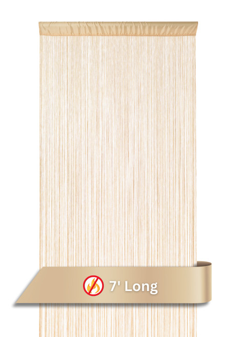 Golden Blonde 7-foot Fire Rated String Curtain with safety icon and length label displayed across the front, showcasing dense silky strands.
