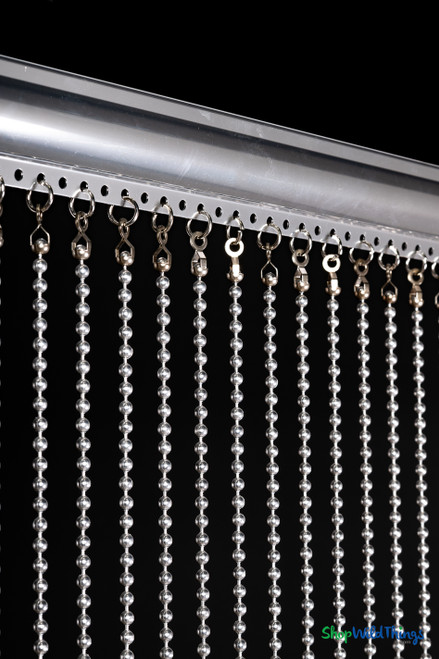 Lightweight Aluminum Silver Ball Chain Curtain by ShopWildThings, USA-made fire-retardant metal beaded curtain for retail and hospitality spaces