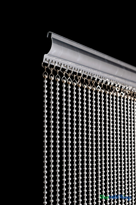 Close-up of ShopWildThings Aluminum Silver Ball Chain Curtain showing 6mm aluminum beads, 34-strand density, and premium handcrafted quality