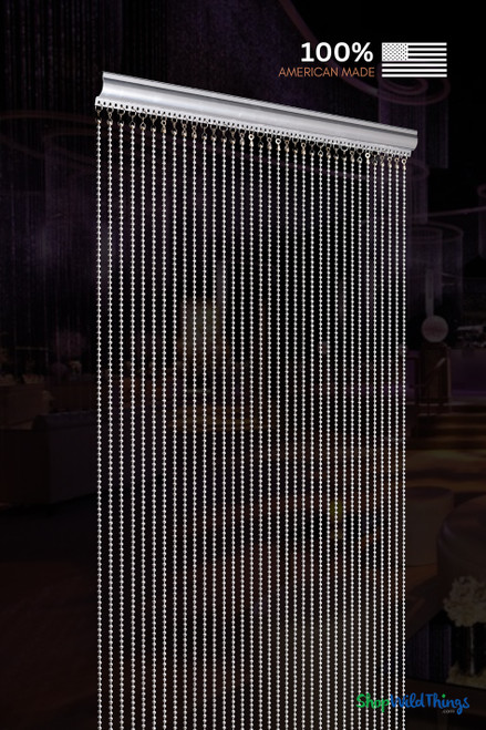 Modern interior divider using ShopWildThings Aluminum Silver Ball Chain Beaded Curtains, lightweight aluminum with industrial luxury appeal