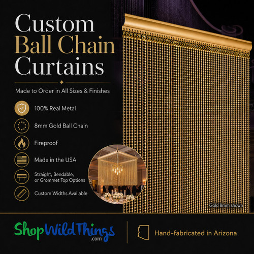 Custom Size - Fireproof - 6mm Aluminum Silver Ball Chain Curtain - Real Metal - 1/2" On Center (68 Strands)