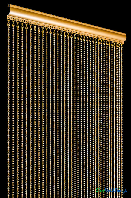 Detailed view of aluminum rod top and evenly spaced 6mm brass gold metal ball chains, fireproof curtain from ShopWildThings.com