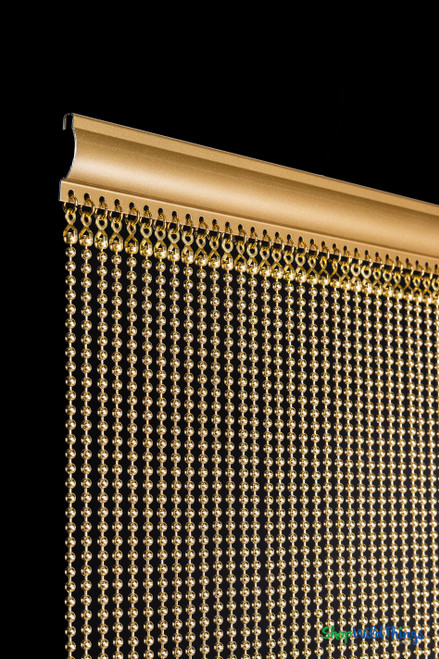 ShopWildThings Fireproof Brass Gold Ball Chain Curtain with 68 strands per section, high-density metal beads and architectural luxury look