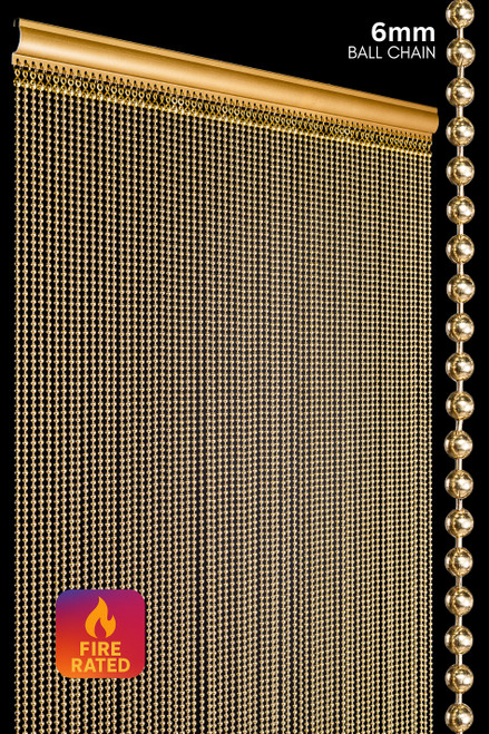ShopWildThings Brass Gold Ball Chain Curtains featuring double-density 6mm metal beads, fireproof USA-made luxury beaded curtain