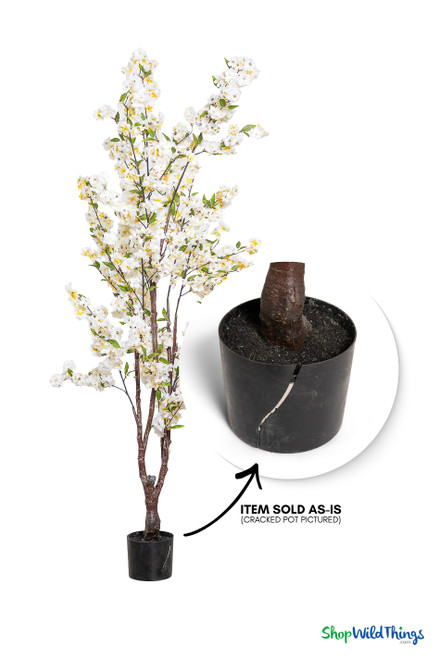 Artificial white cherry blossom tree with callout showing cracked black nursery pot, decorative faux flowering tree sold as-is